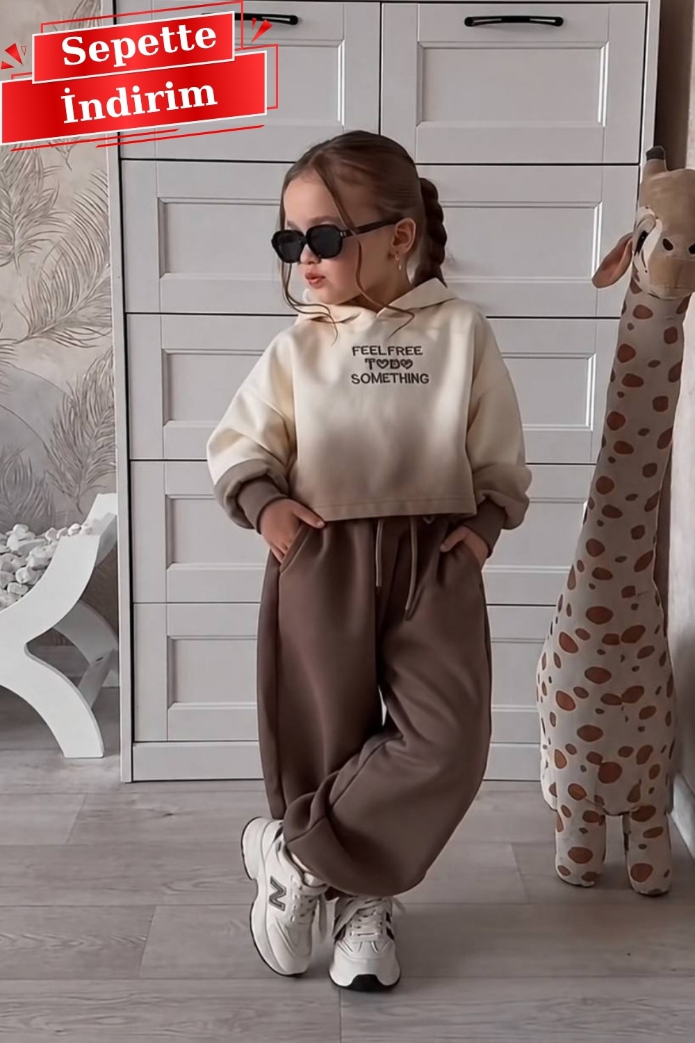 Kız Çocuk Oversize Kahve Kapüşonlu 3 İplik Takım