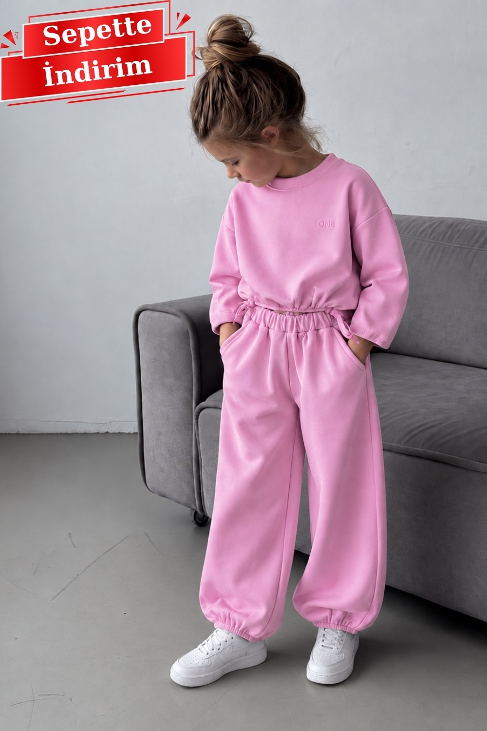 Kız Çocuk Oys. Kumas Lastik Detaylı Pembe Takım
