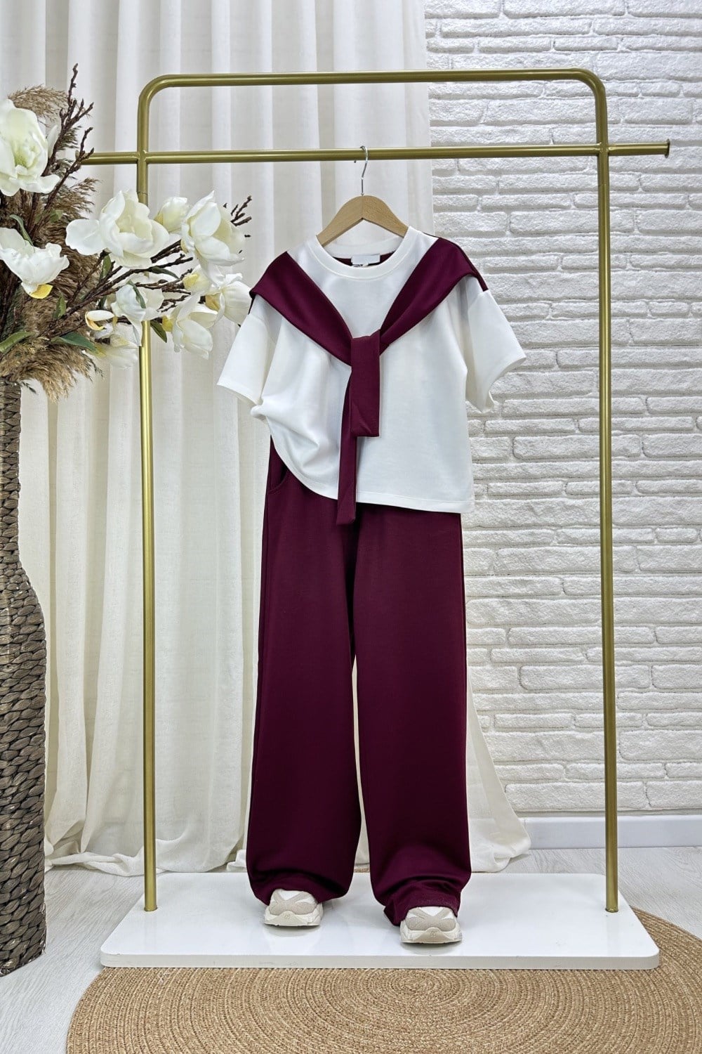 Kız Çocuk Oys. Kumaş Bağlama Detaylı Bordo Takım