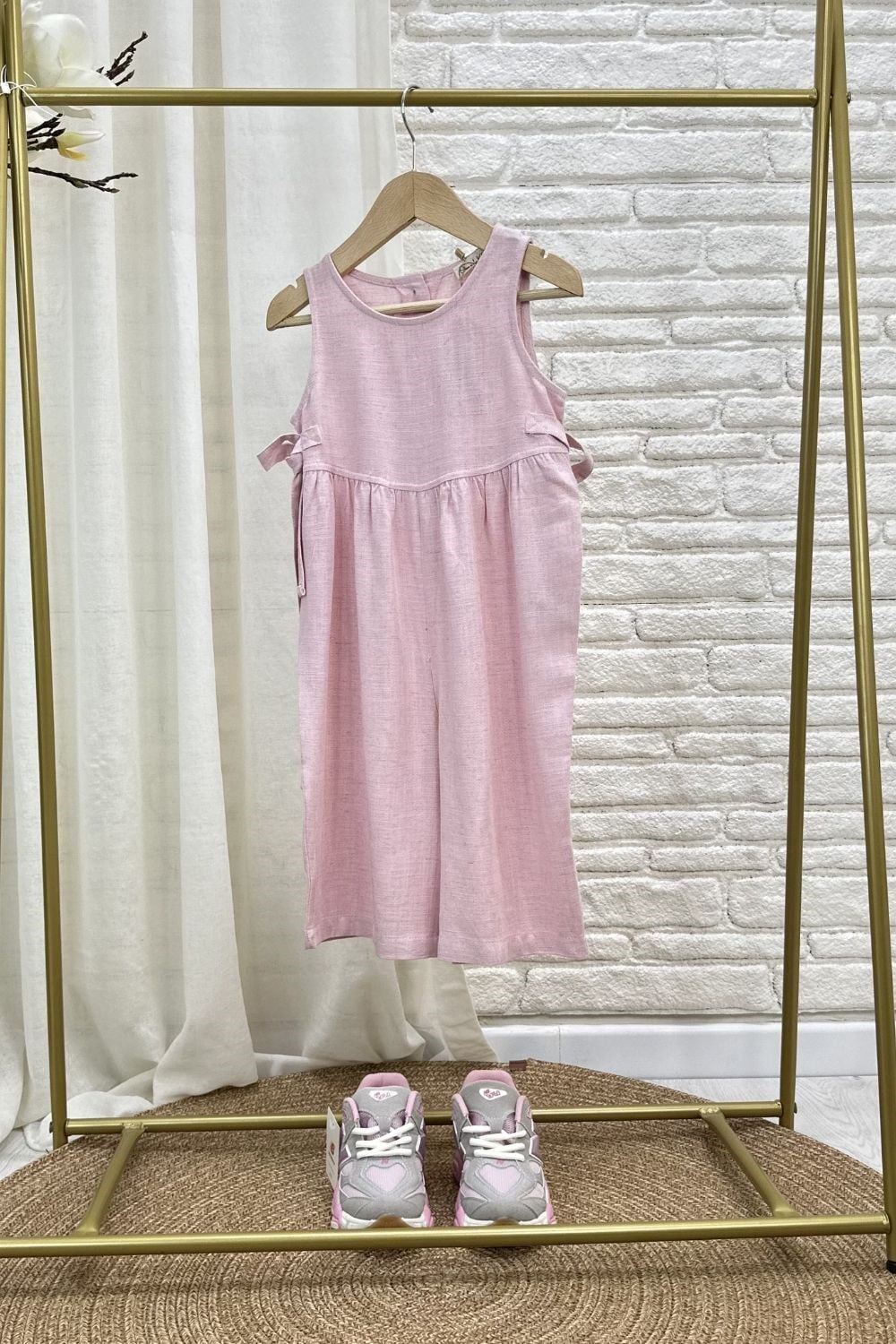 Kız Çocuk Özel Seri Keten Kapri Boy Pembe  Tulum