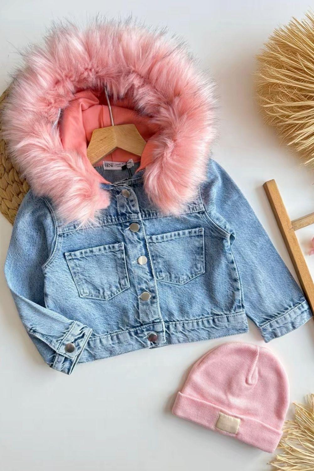 Kız Çocuk Peluş Detaylı Denim Ceket