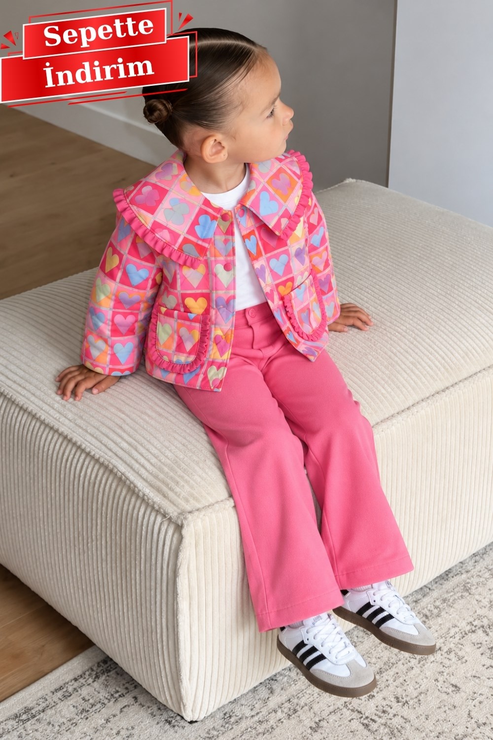 Kız Çocuk Pembe Kapitone Ceket Denim  Takım