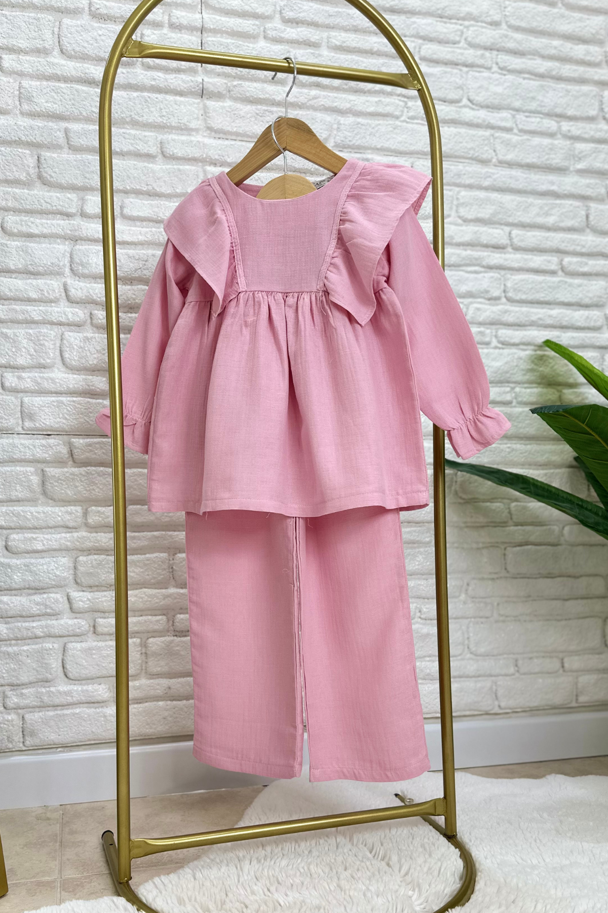Kız Çocuk Pembe Tunikli Müslin Takım