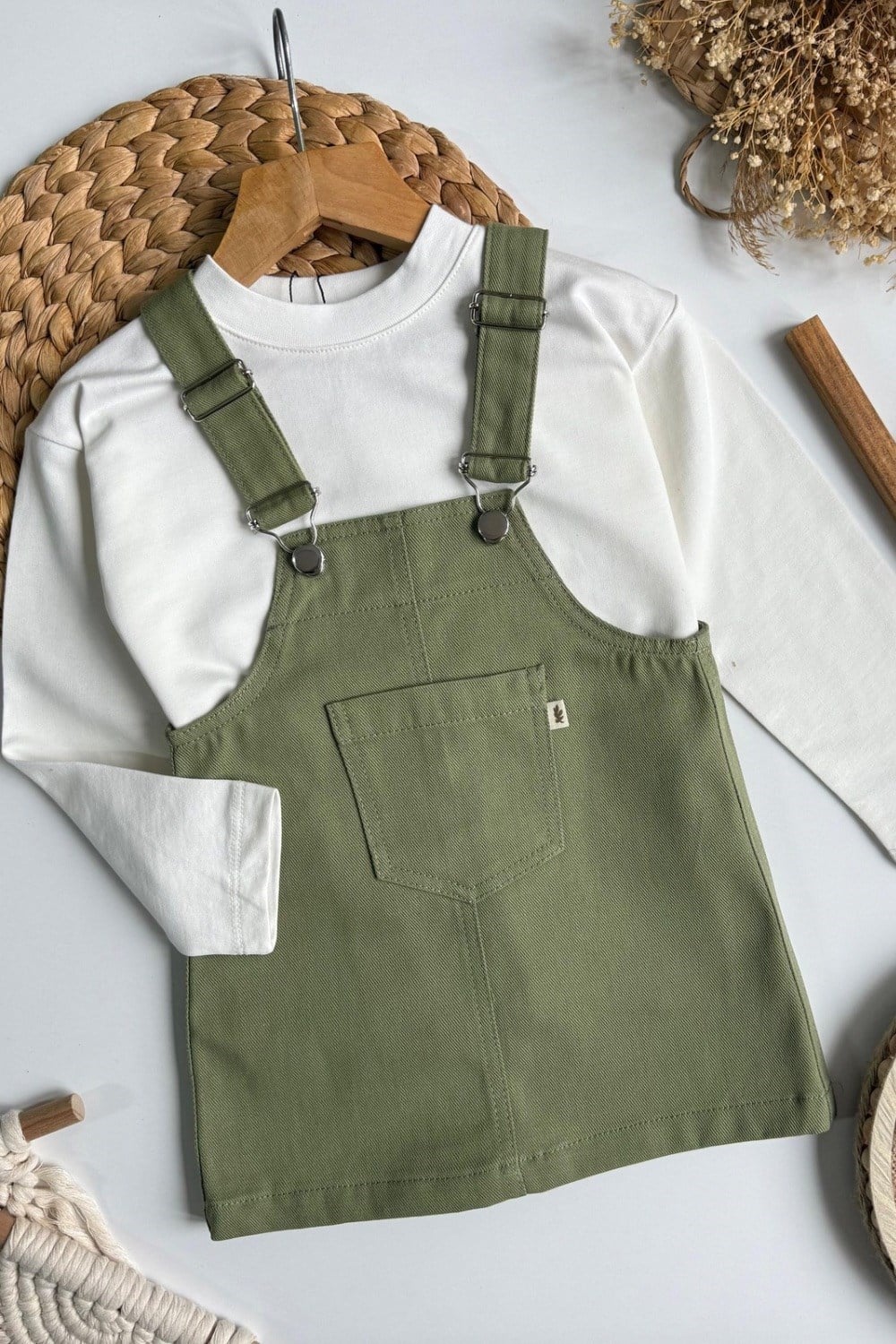 Kız Çocuk Premium Jile Haki Denim Elbise