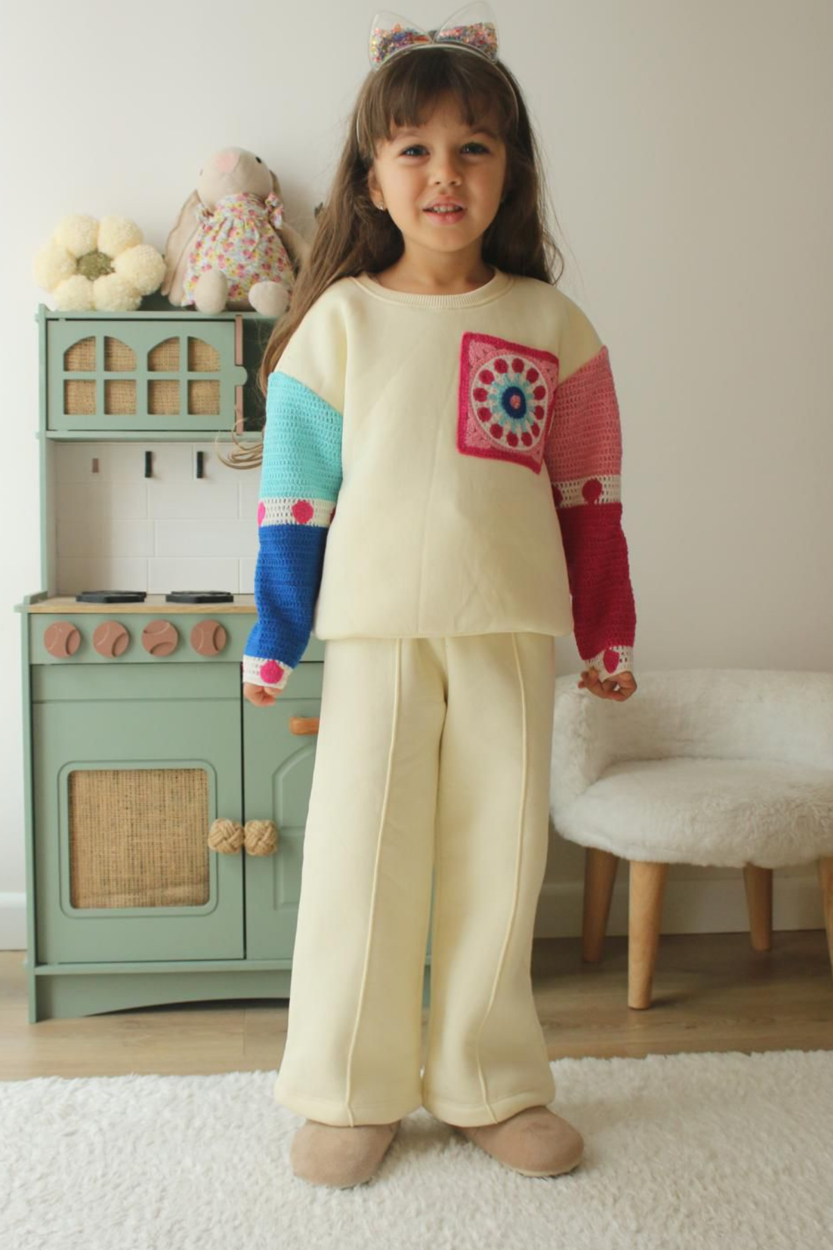 Kız Çocuk Şardonlu Örme Detaylı Bol Paça Renkli Takım