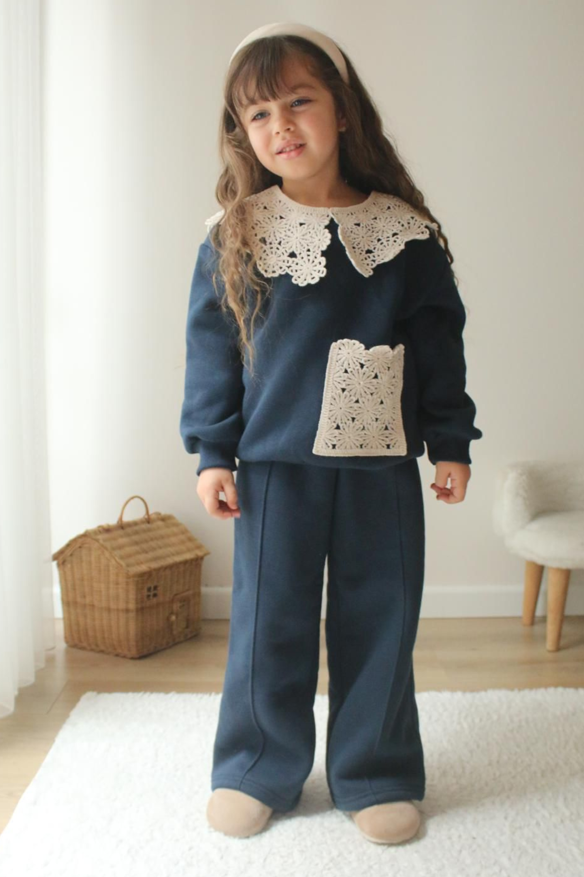 Kız Çocuk Şardonlu Örme Yakalı Bol Paça Takım