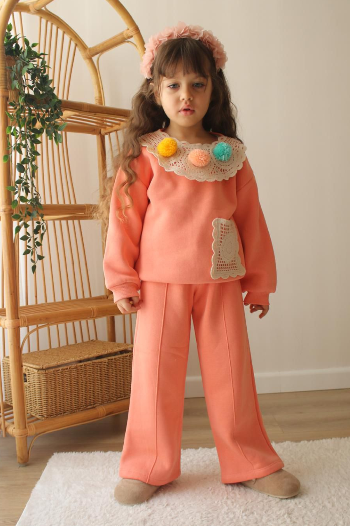 Kız Çocuk Şardonlu Ponponlu Örme Bol Paça Takım