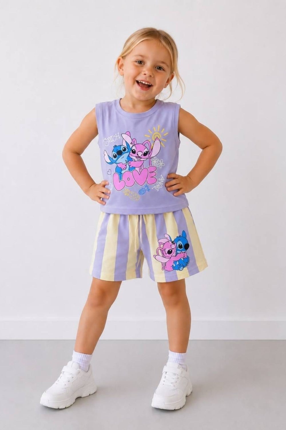 Kız Çocuk Stitch Lila  Şortlu Takım