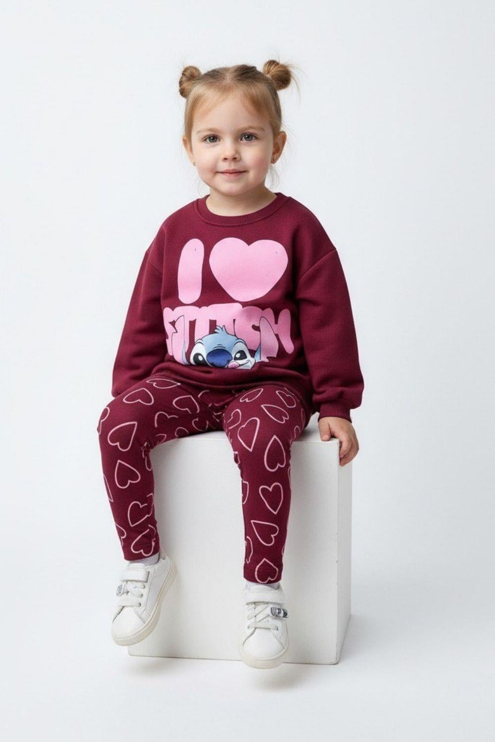 Kız Çocuk Stitch Şardonlu Bordo Taytlı Takım