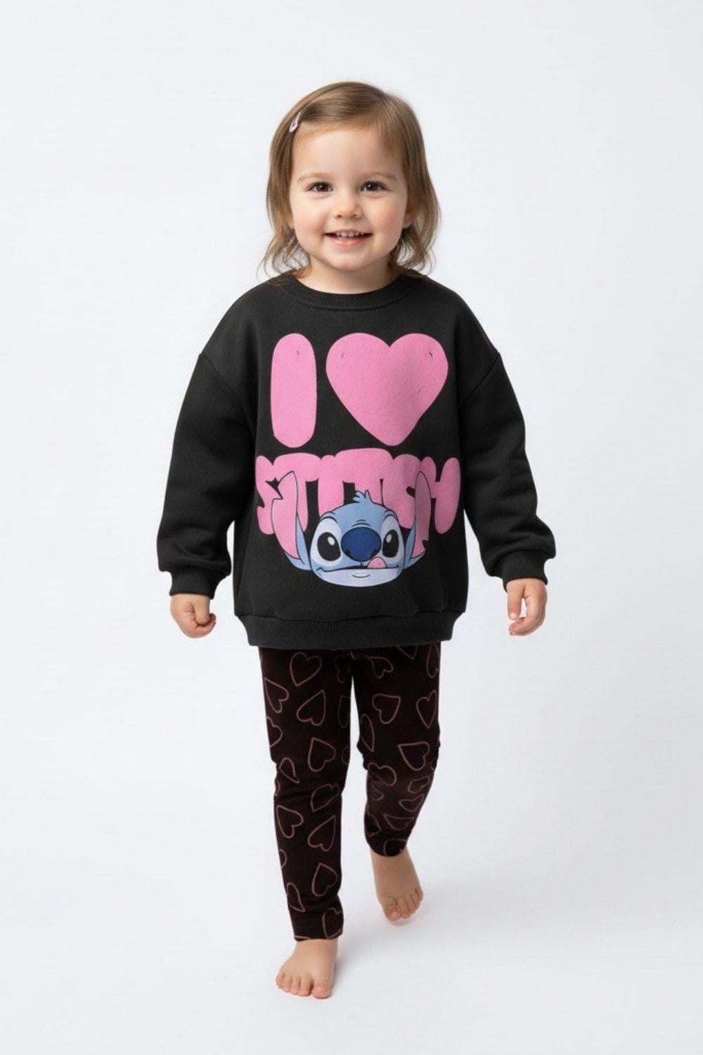 Kız Çocuk Stitch Şardonlu Siyah Taytlı Takım