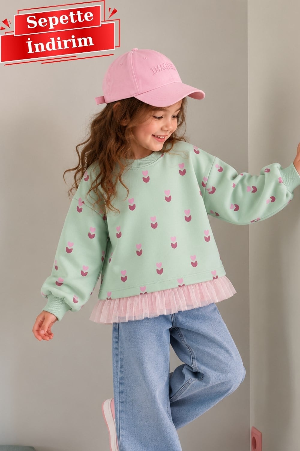 Kız Çocuk Tül Detaylı Yeşil Lale Sweat