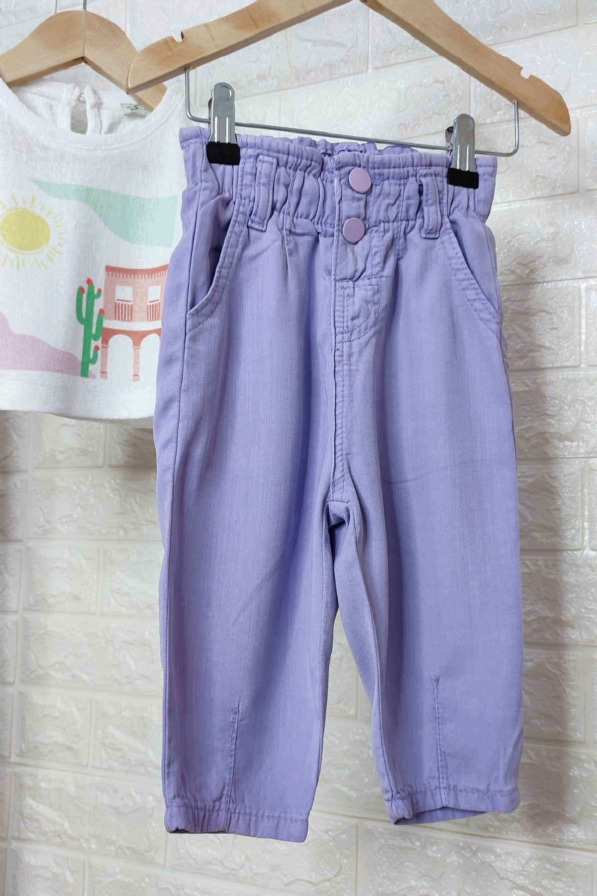 Lila Yüksek Bel Beli Lastikli Pantolon