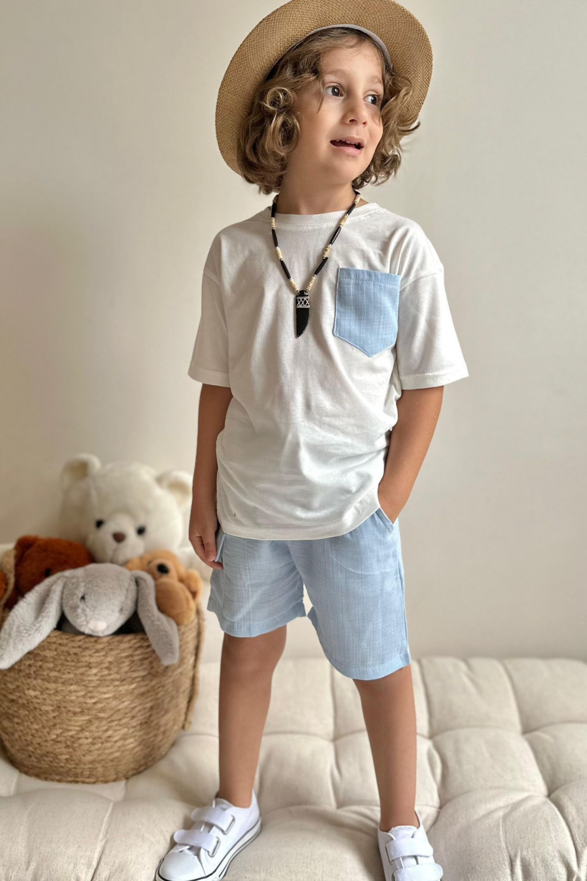 Mavi Müslin Şort Takım