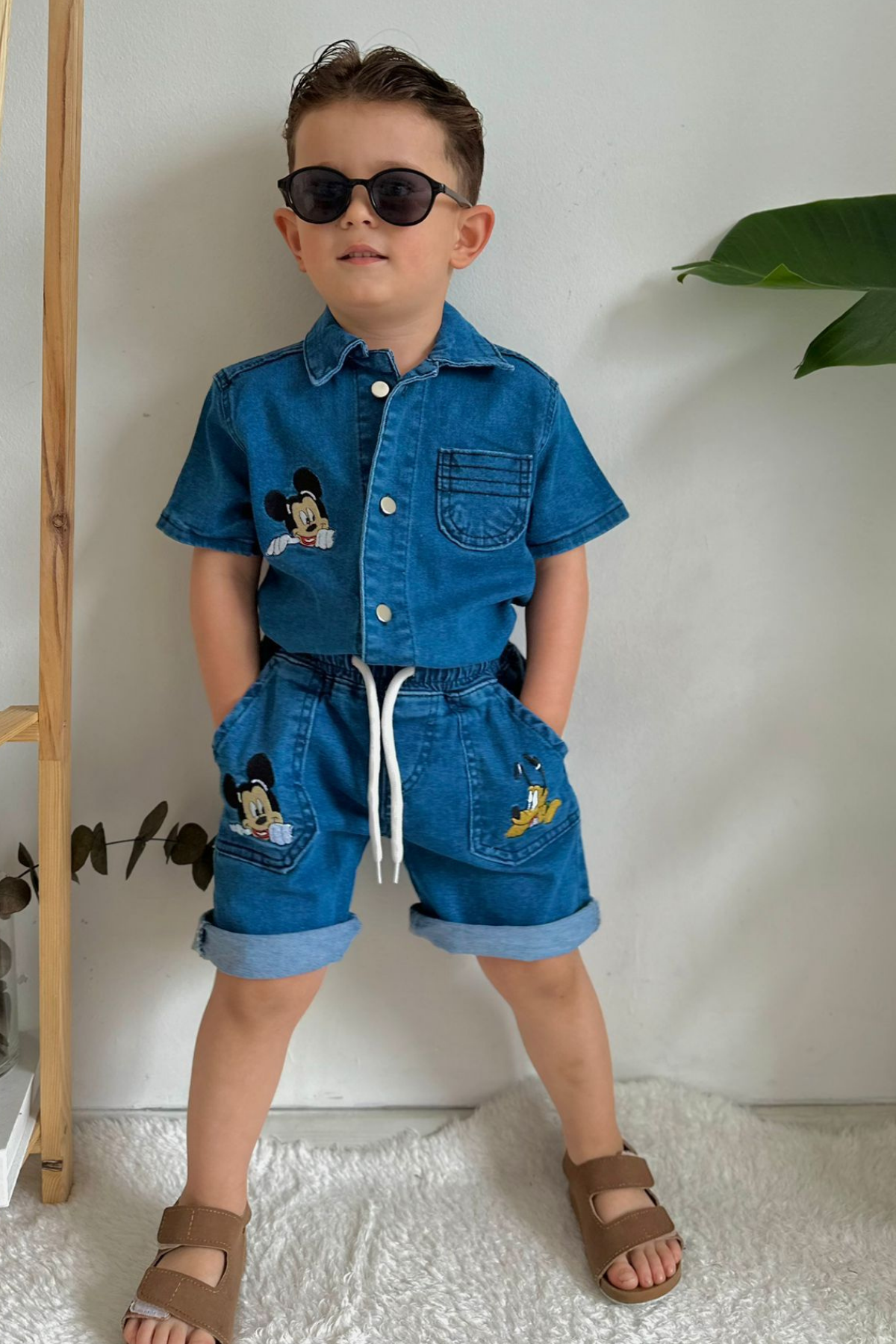 Mickey Goofy Denim Şortlu Takım