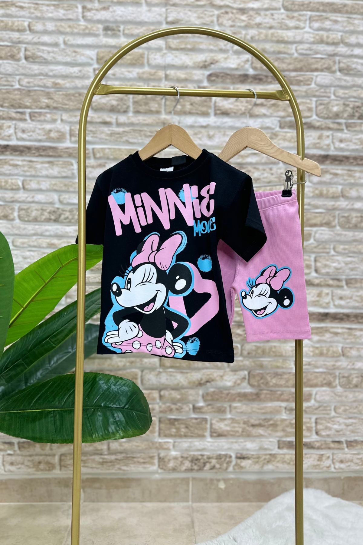 Minnie Siyah Pembe Biker Tayt Takım