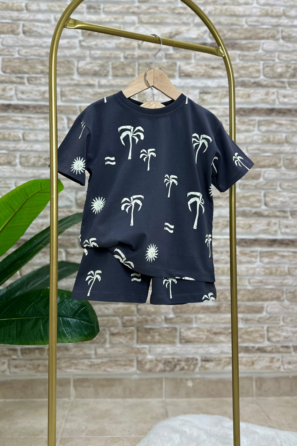 Palmiye Baskı Antrasit Şortlu Takım