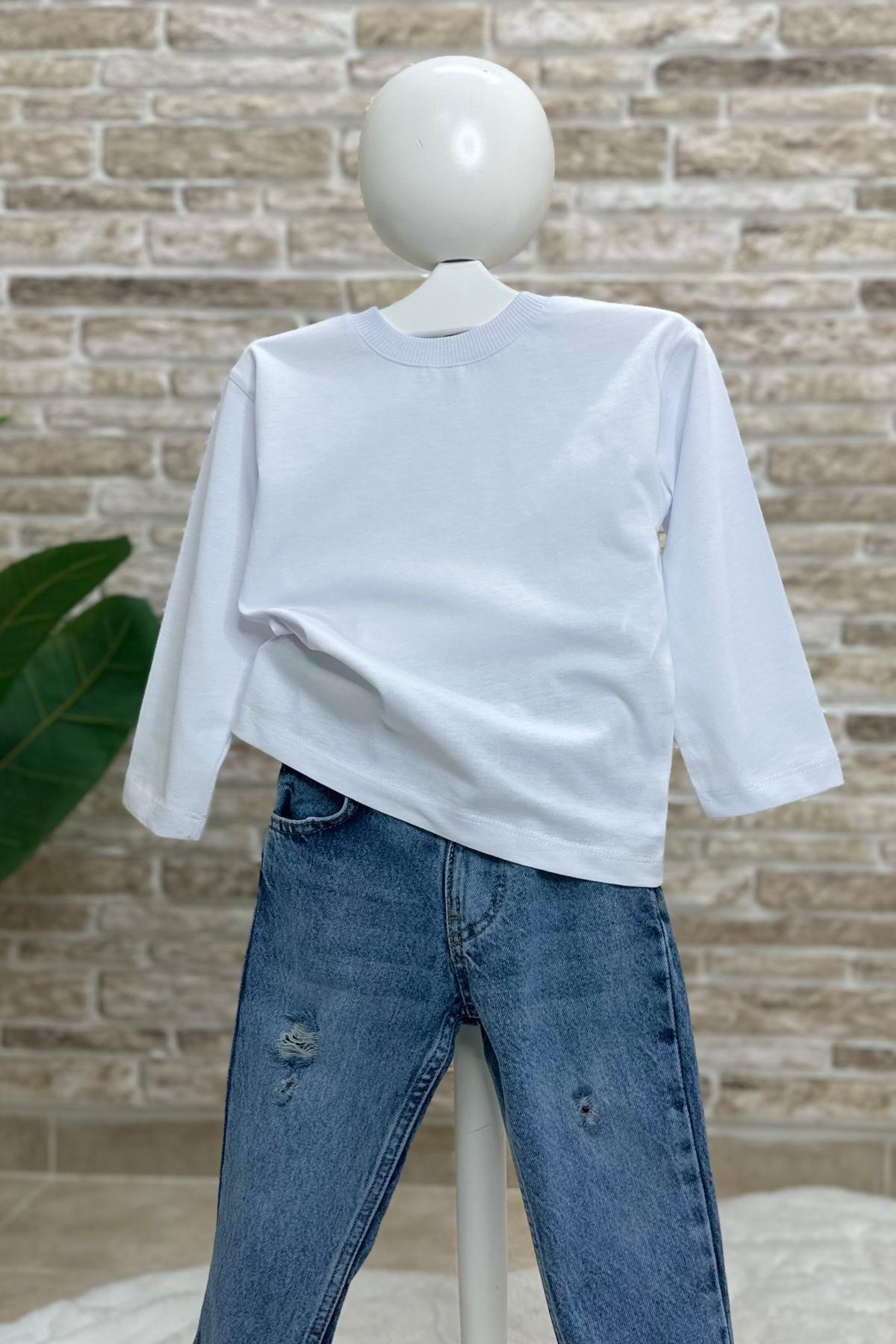 Pamuklu Penye Uzun Kol Basic Beyaz Tshirt