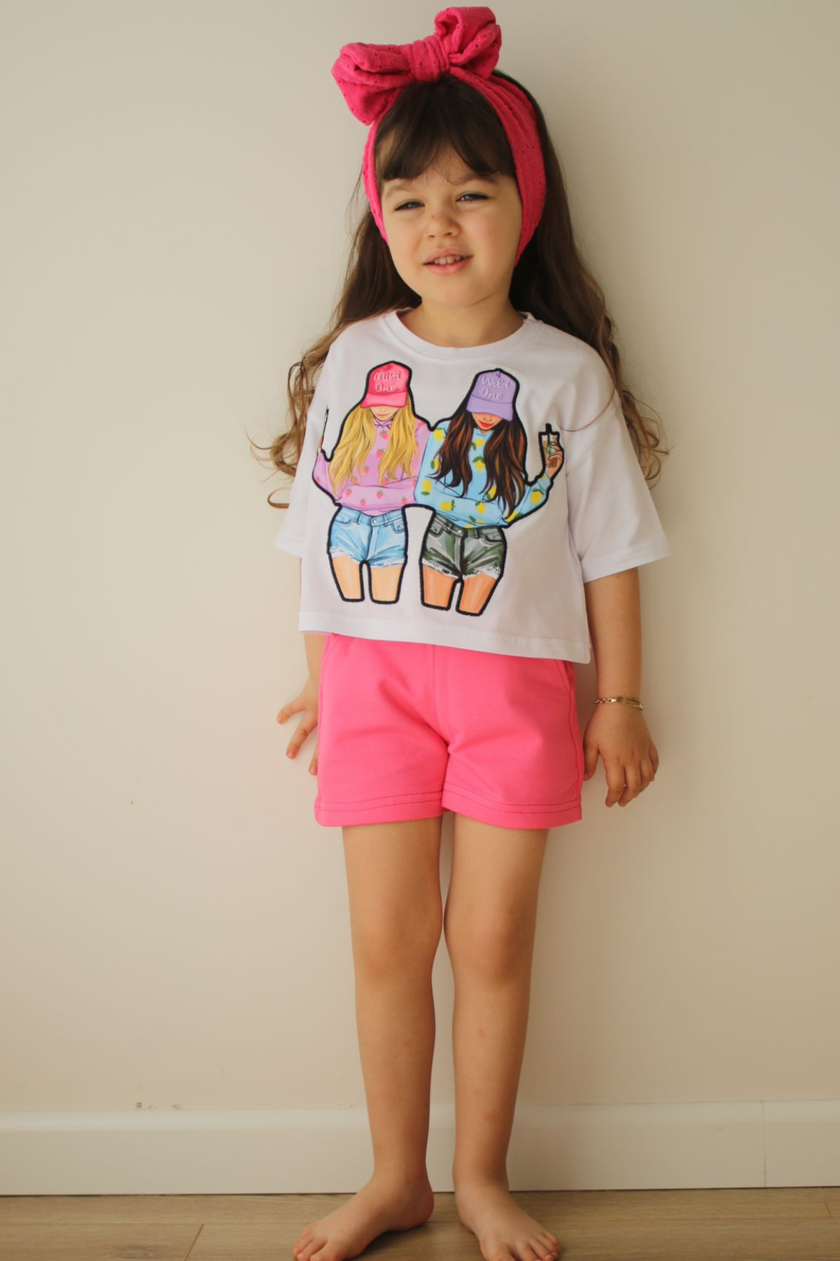 Pembe İkili Kız Baskı Şortlu Takım