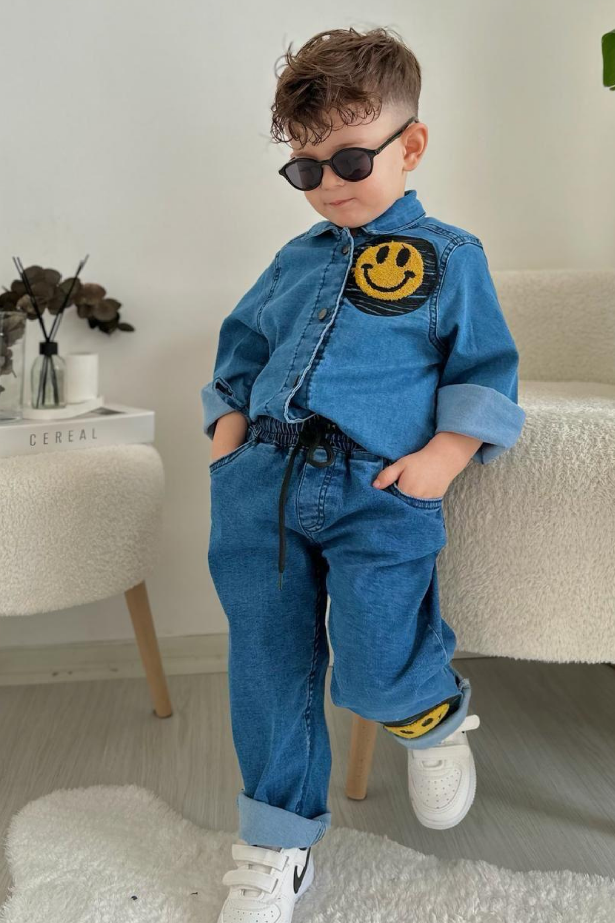 Smile Baskı Denim İkili Takım