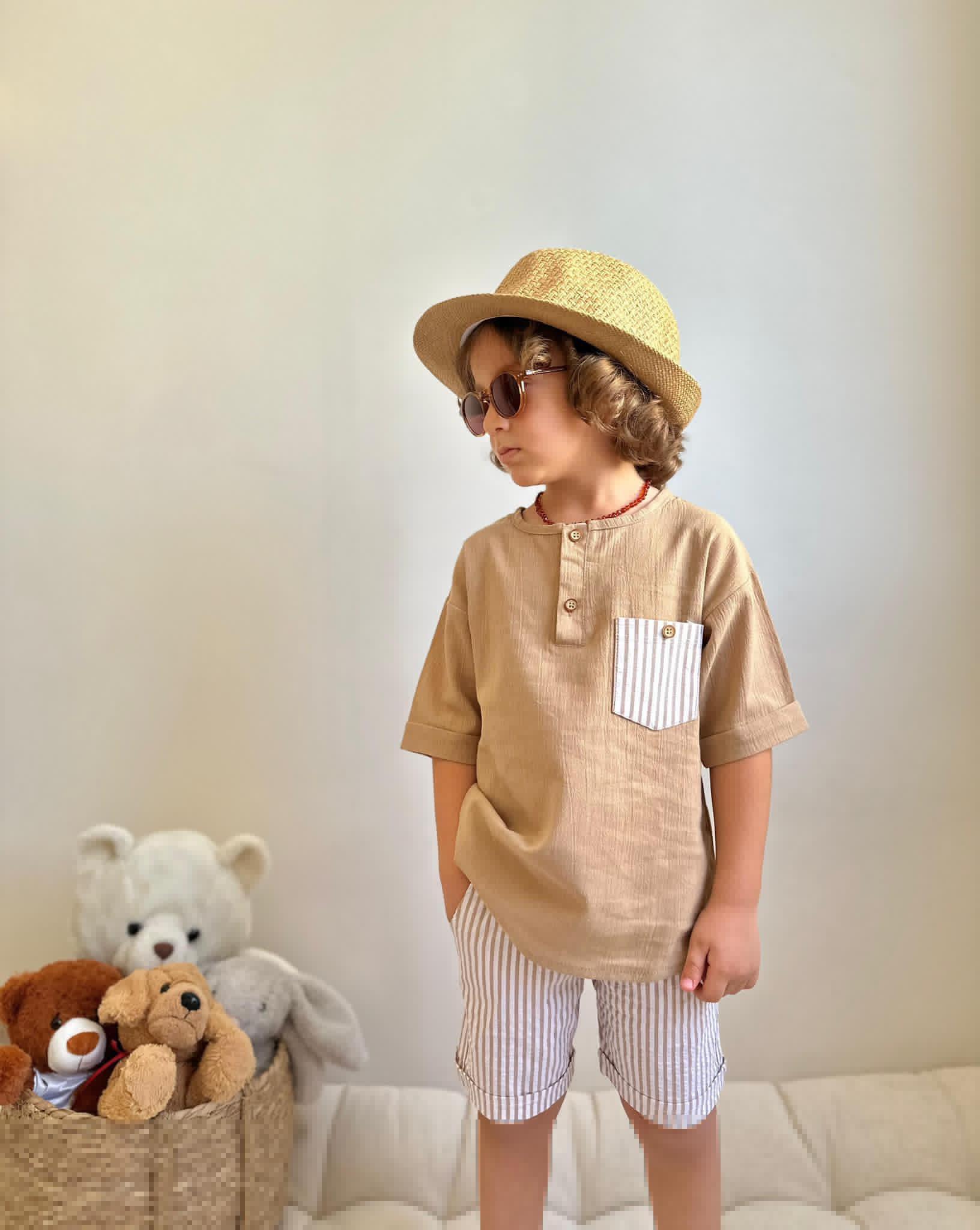 Şort Çizgili Gömlekli Kahve Takım