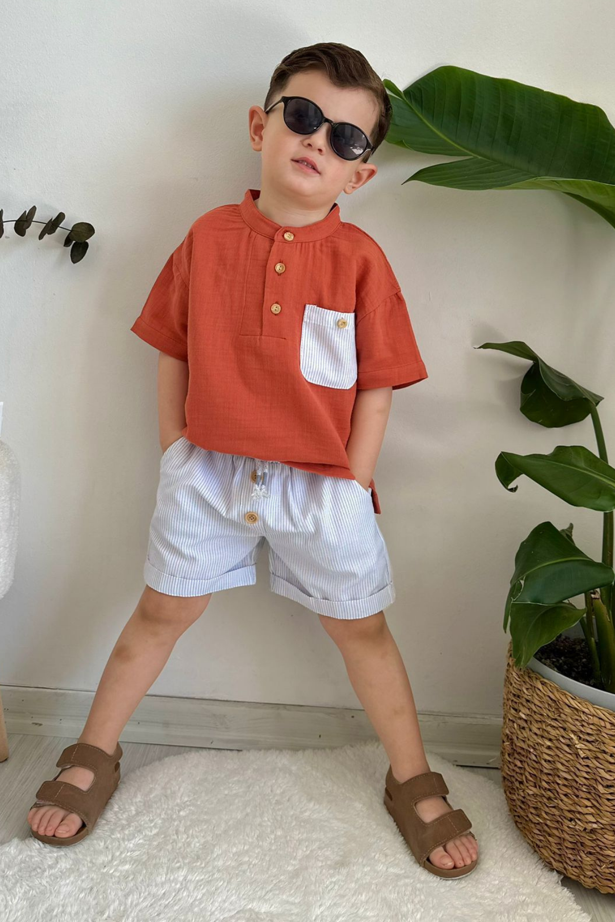 Şortlu 3 Düğme Gömlek Kiremit Takım