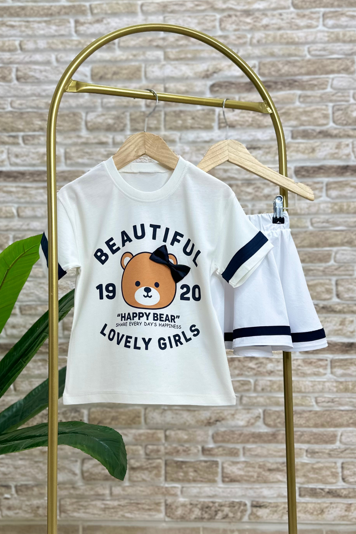 Teddy Bear Baskılı Beyaz Etek Takım