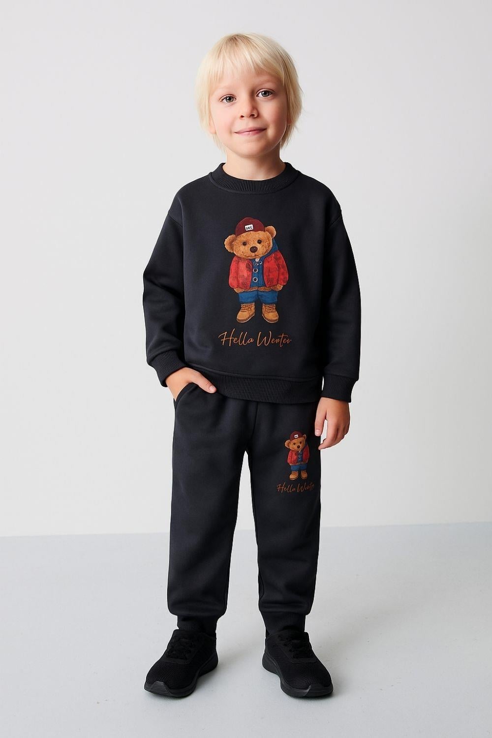 Unisex 2 İplik Hello Ayıcıklı Antrasit Takım