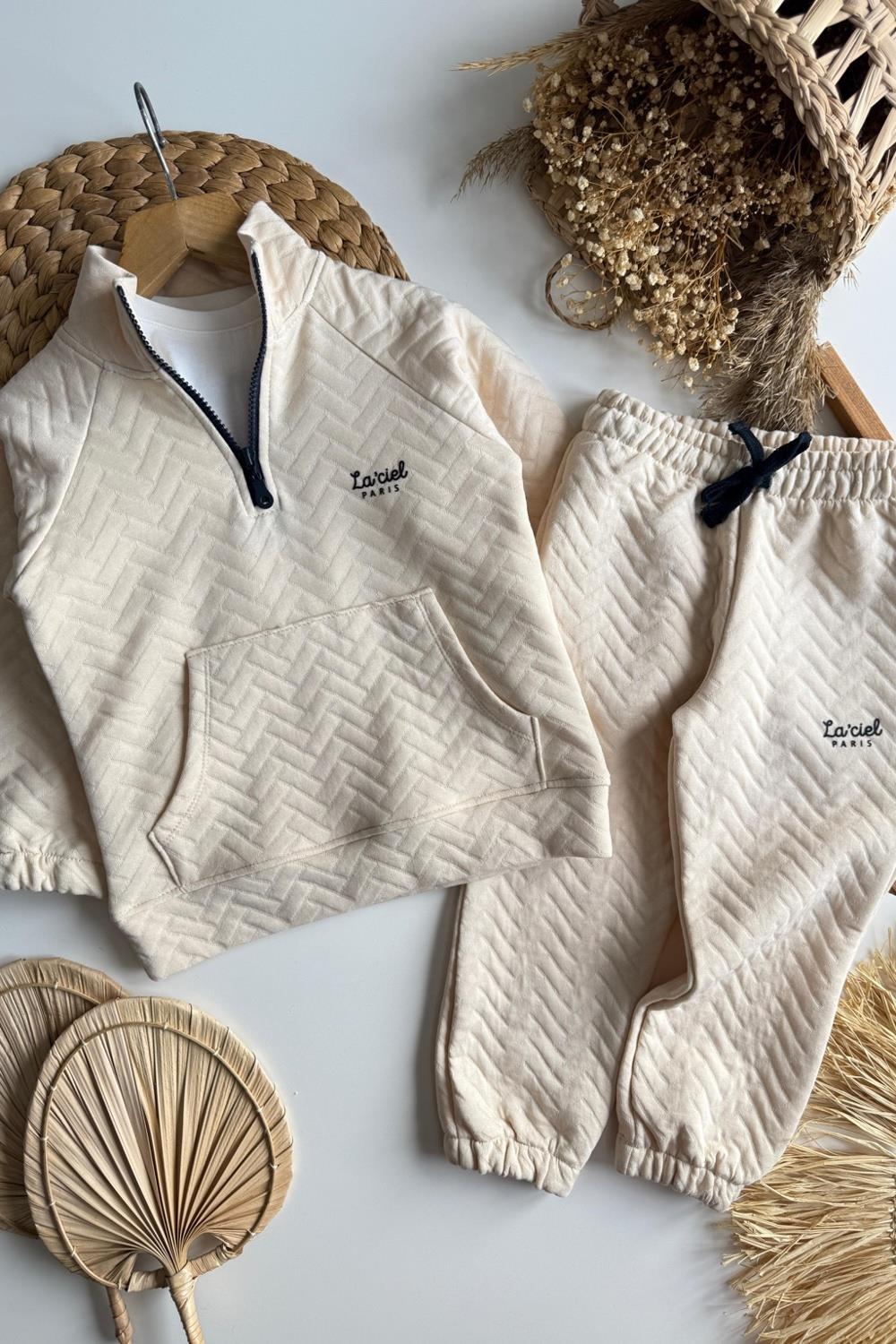 Unisex 3 İplik Balıkçı Dik Yaka Krem Takım