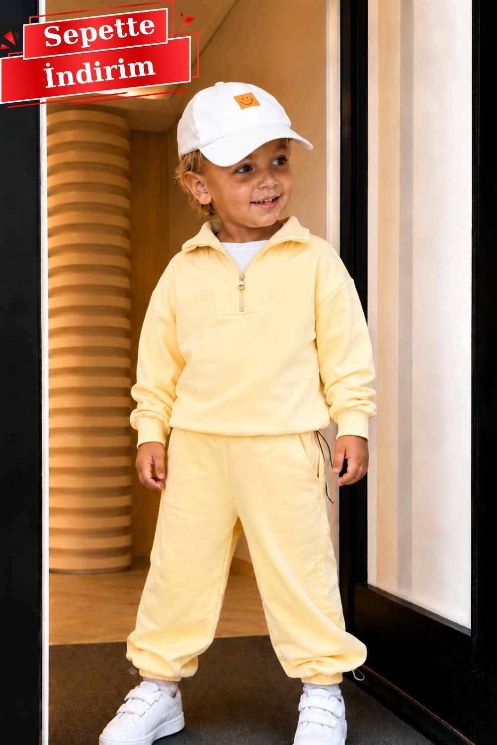 Unisex 3 İplik Balıkçı Yaka Fermuarlı Sarı Takım