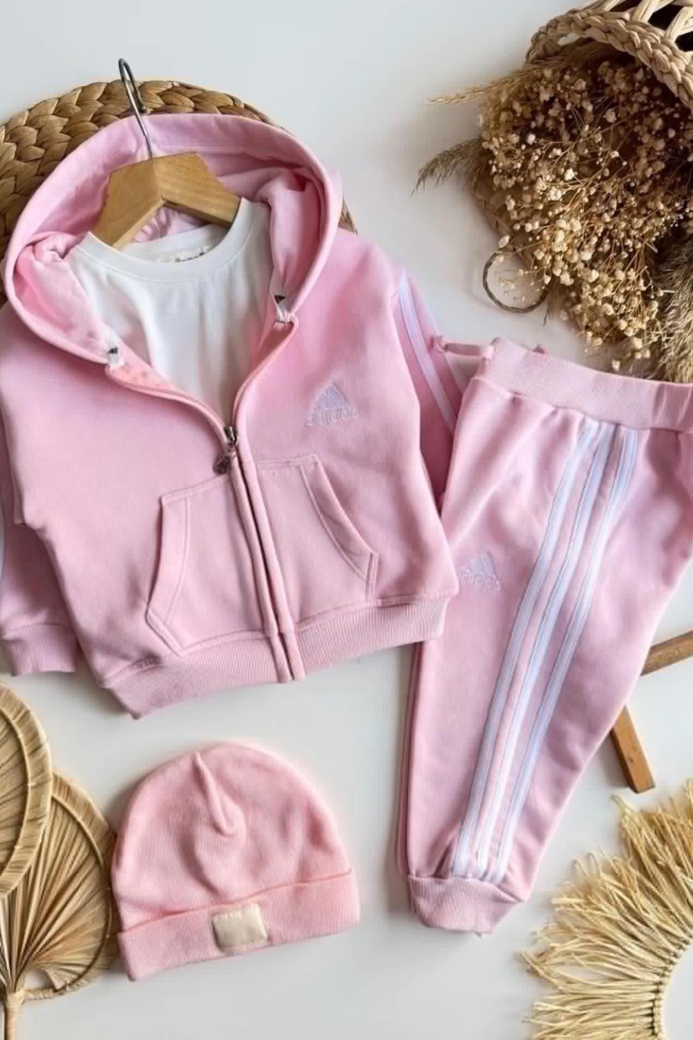 Unisex 3 İplik Fermuarlı Adids Pembe Takım