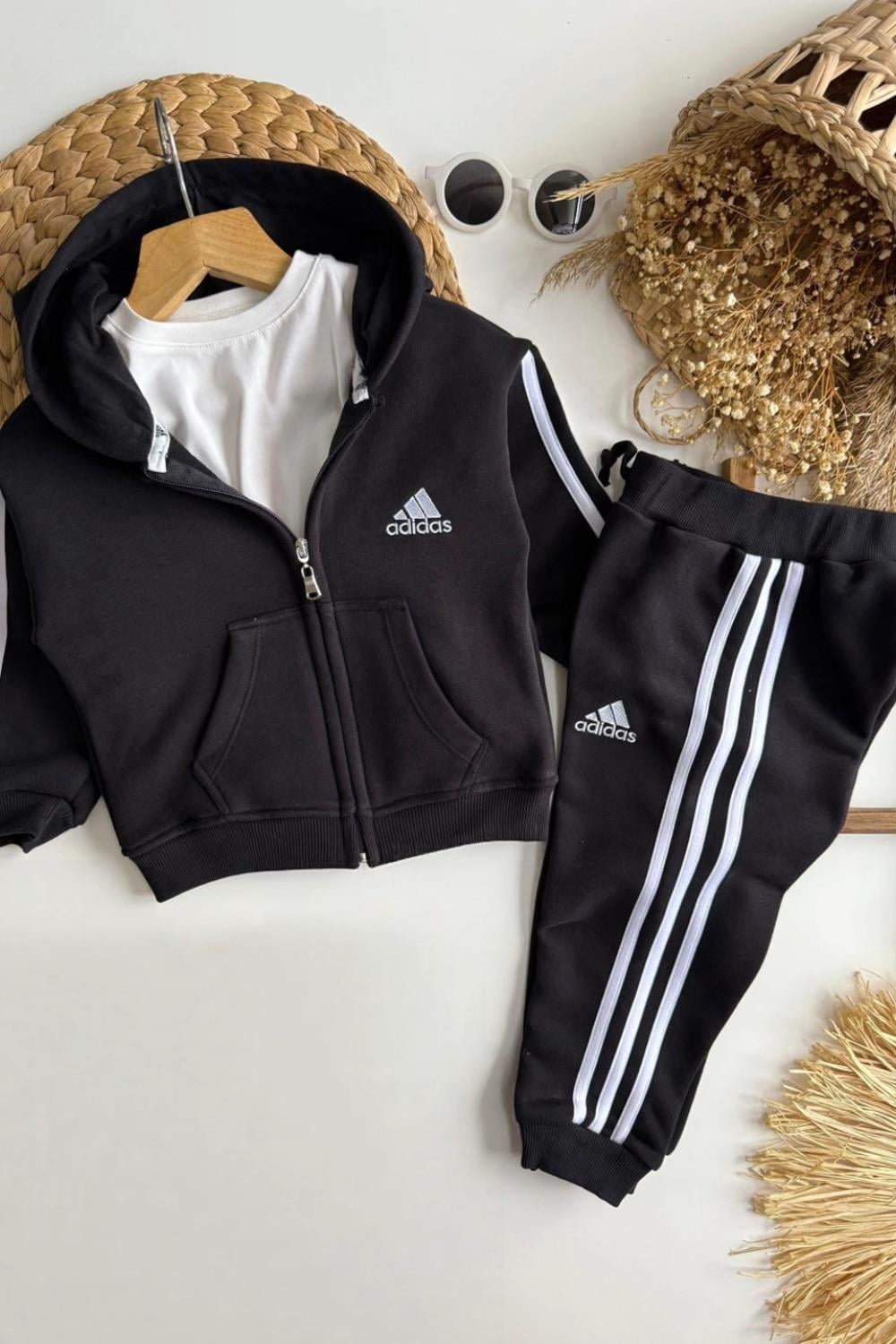 Unisex 3 İplik Fermuarlı Adids Siyah Takım
