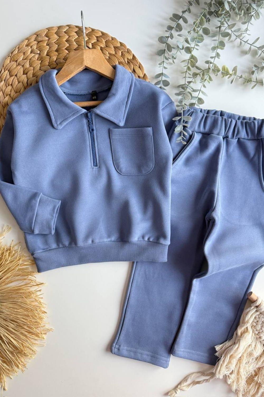 Unisex 3 İplik Fermuarlı Gömlek Yaka Mavi Takım