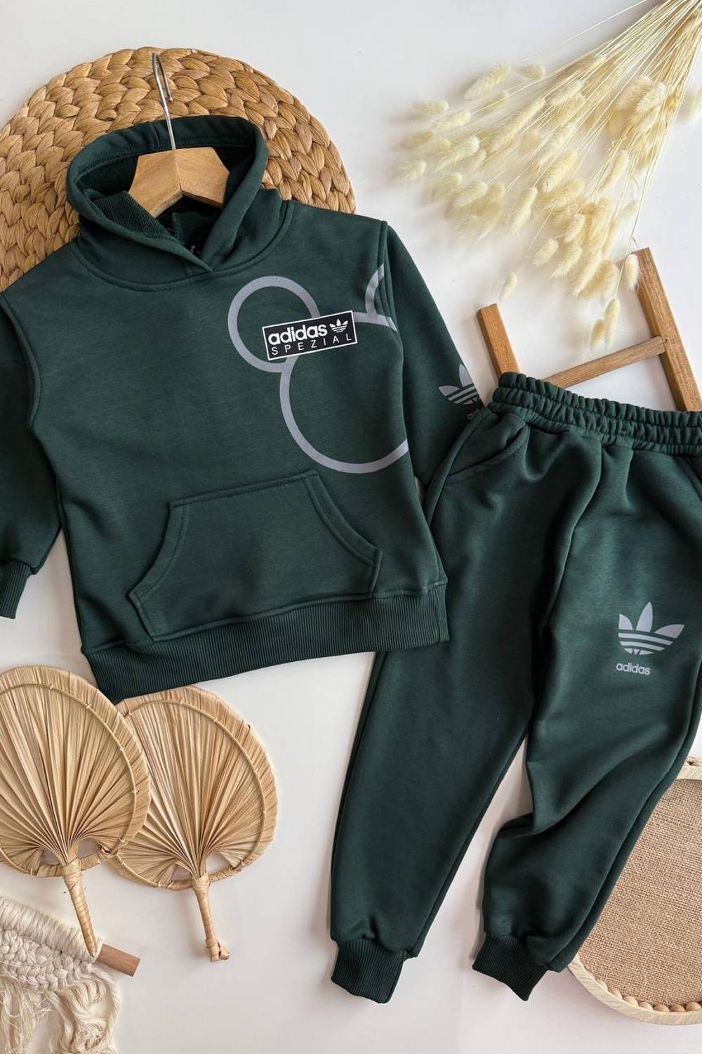 Unisex 3 İplik Kapüşonlu Yeşil Adids Takım