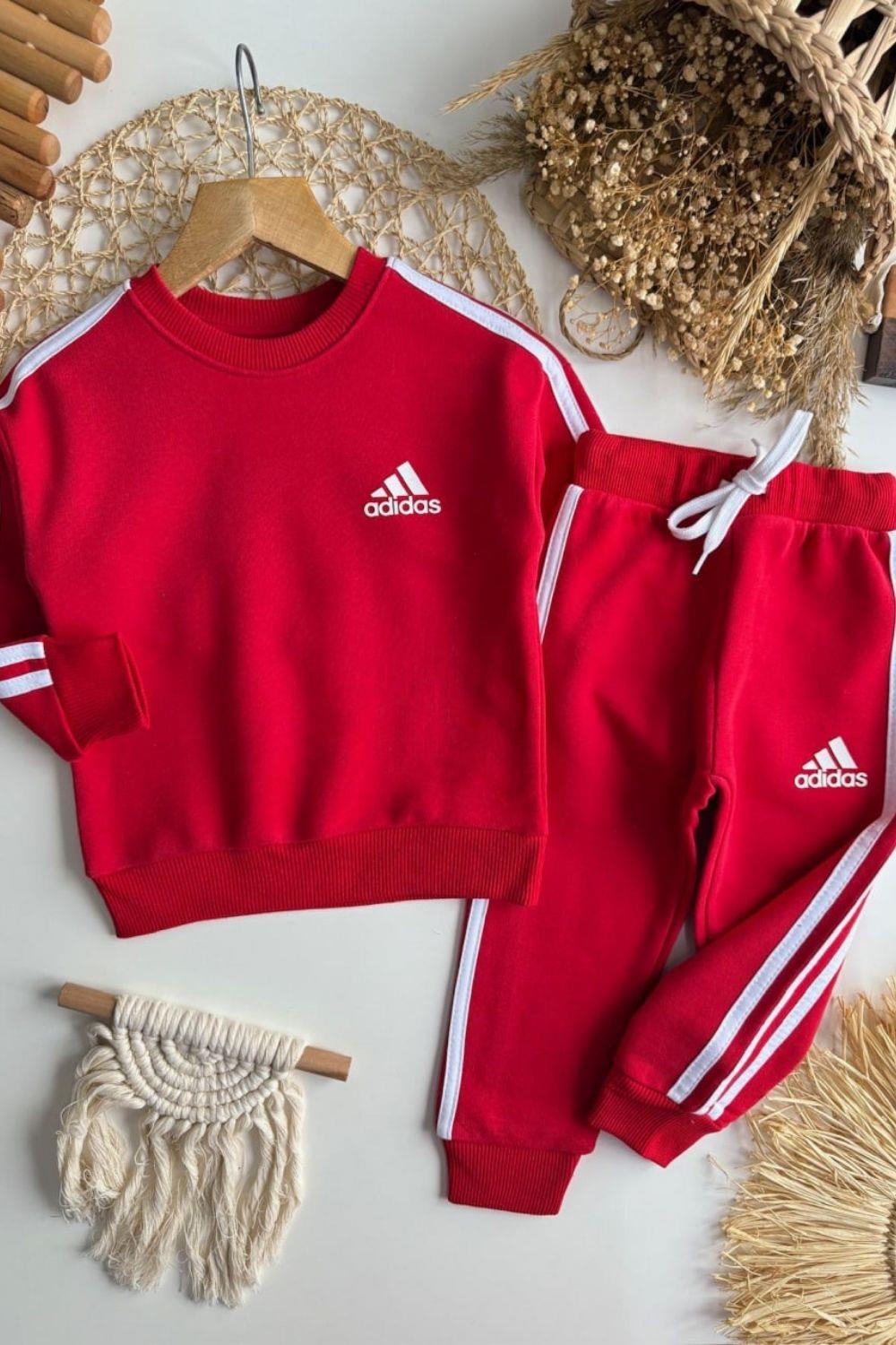 Unisex 3 İplik Kırmızı Çizgili Adids Takım