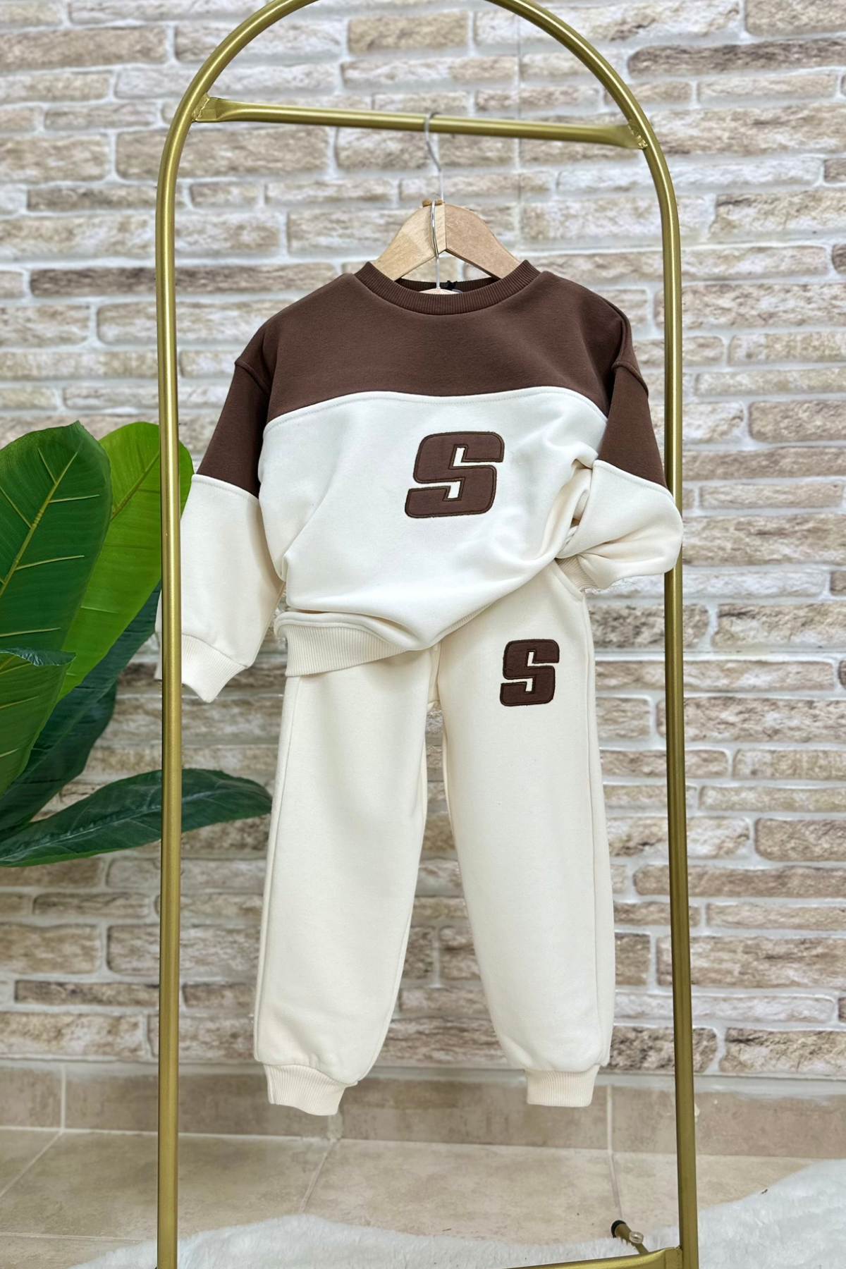 Unisex 3 İplik S Sloganlı Bej Kahve Takım