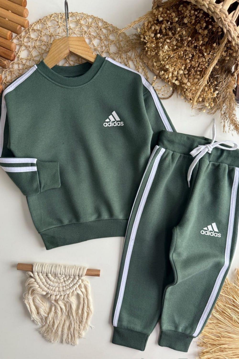Unisex 3 İplik Yeşil Çizgili Adids Takım