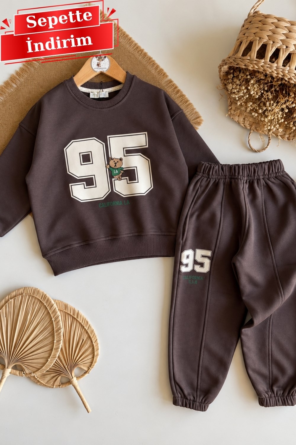 Unisex Bear Baskılı Kahve Takım