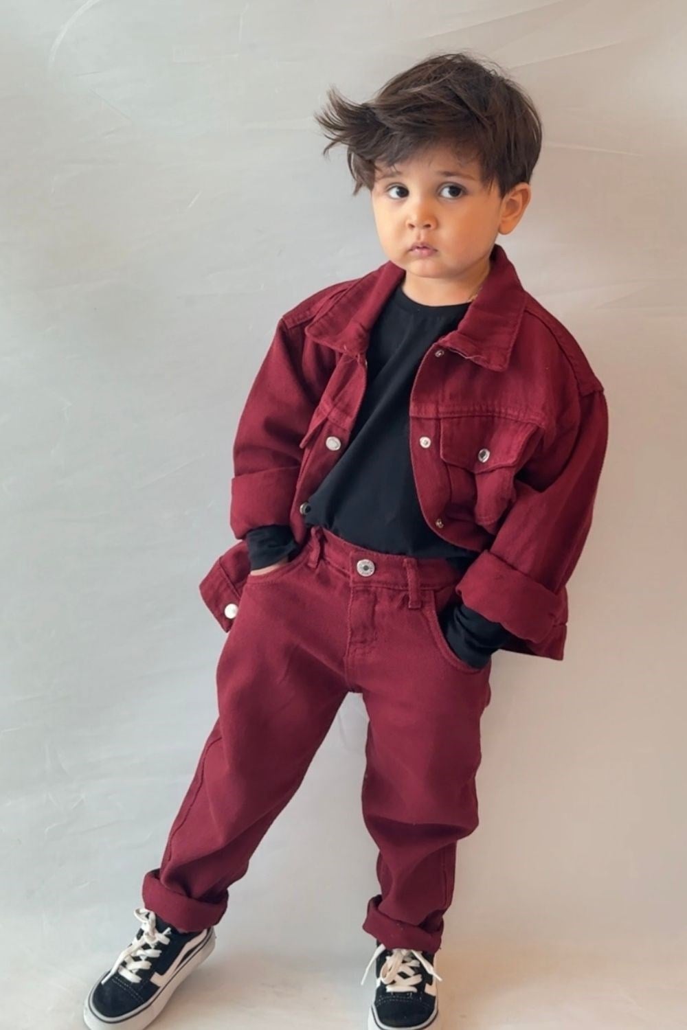 Unisex Bordo Denim Takım