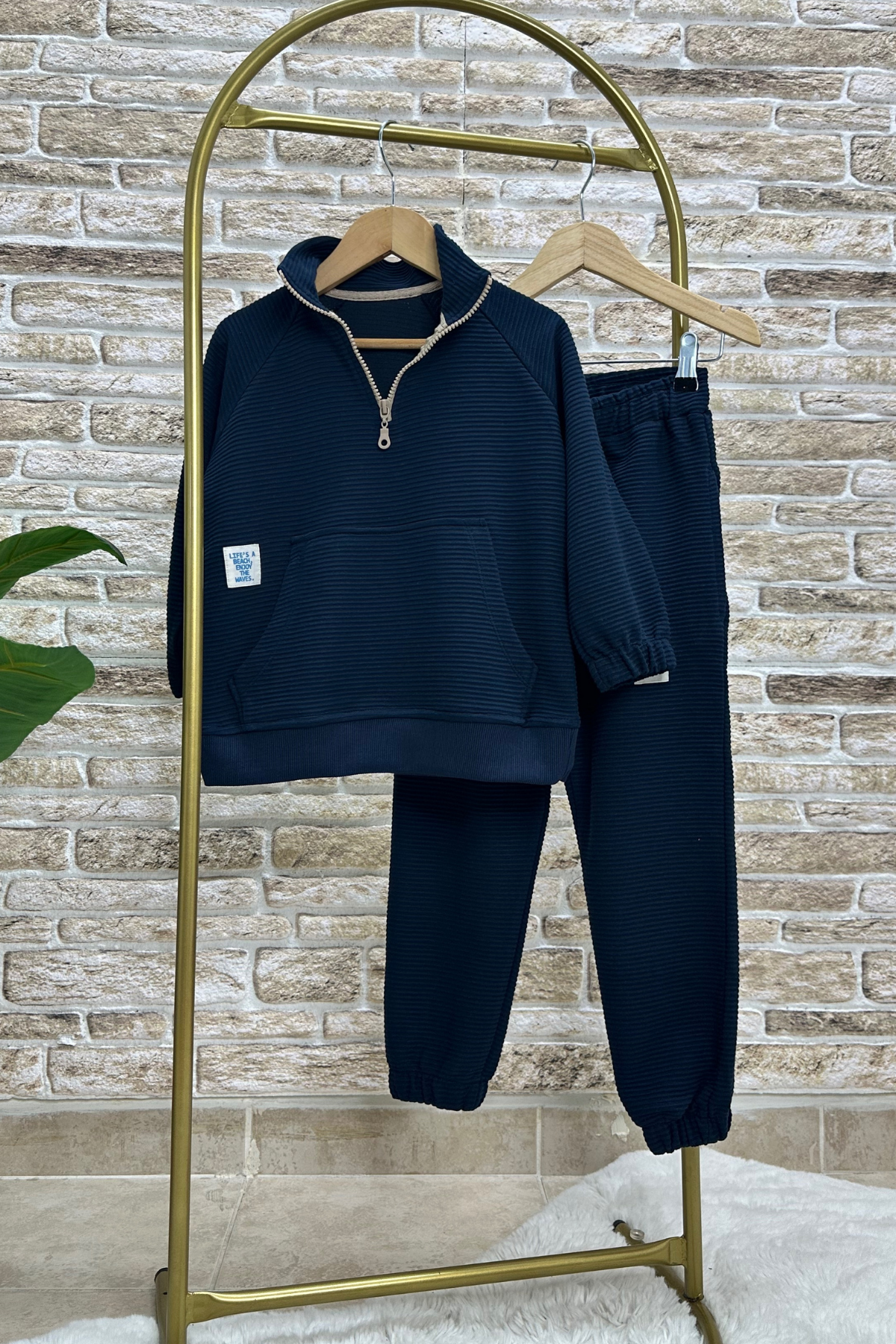 Unisex Çocuk 3 İplik Lacivert Fitilli Yarım Fermuarlı İkili Takım