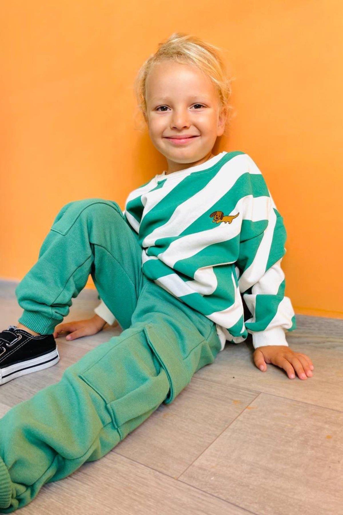 Unisex Çocuk 3 İplik Yeşil Kargo Cepli İkili Takım
