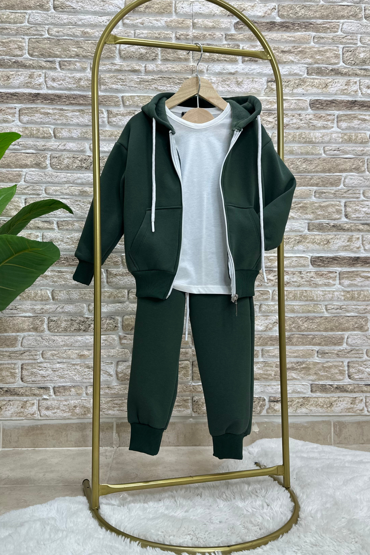 Unisex Çocuk 3 Parça Fermuarlı Şardonlu Yeşil Takım