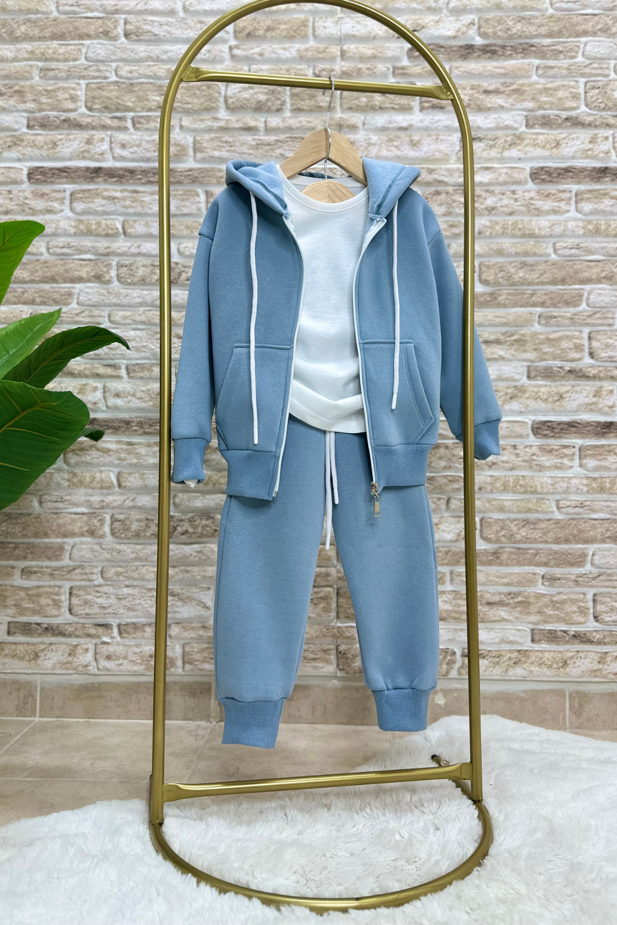 Unisex Çocuk 3 Parça Fermuarlı Şardonlu Mavi Takım