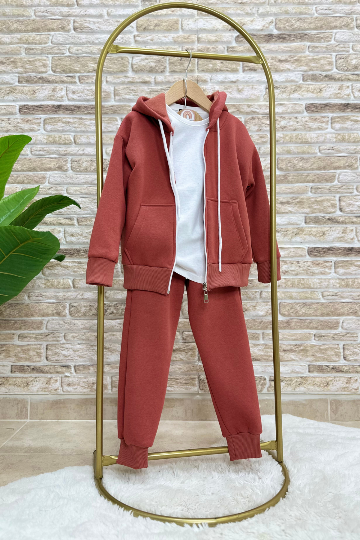 Unisex Çocuk 3 Parça Fermuarlı Şardonlu Kiremit Takım