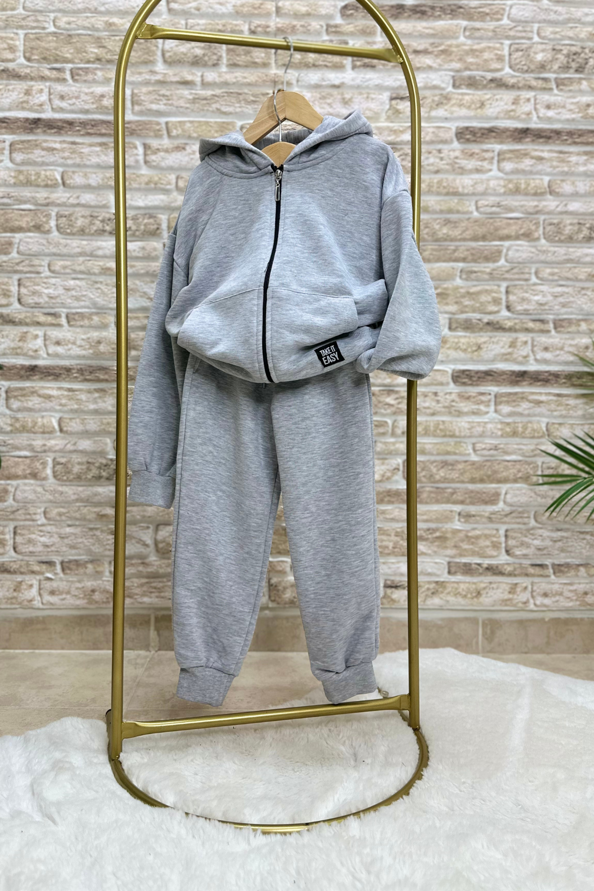 Unisex Çocuk Gri Fermuarlı Eşofman Takımı