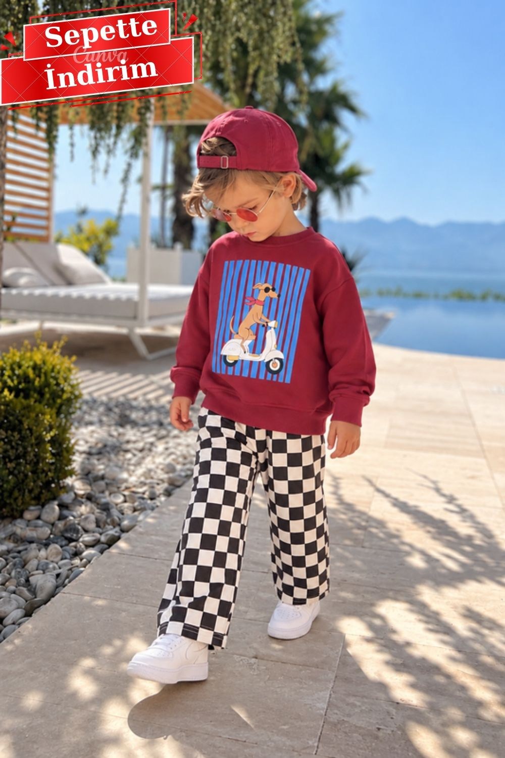 Unisex Dog Baskı Kareli Pantolon 3 İplik Takım