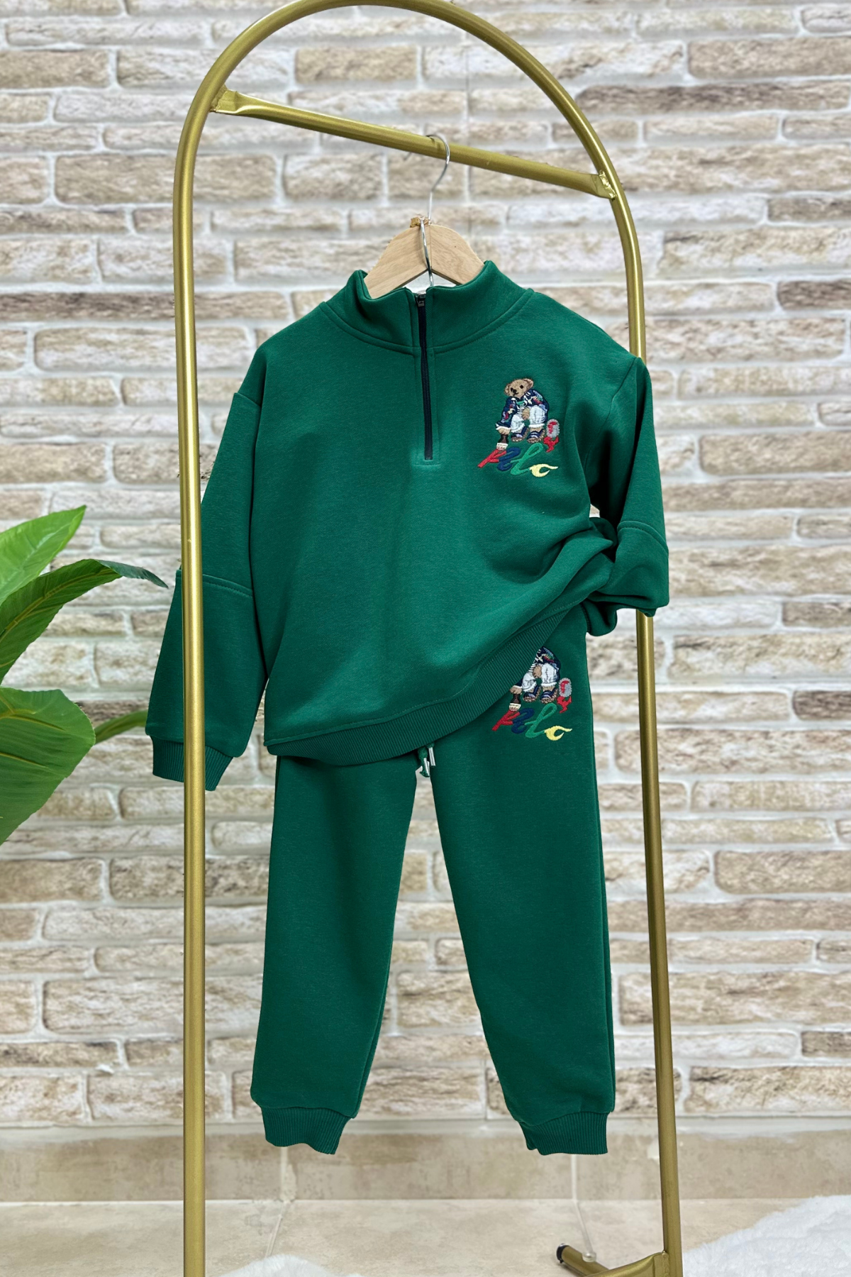 Unisex Fermuarlı Balıkçı Yaka Nakışlı Yeşil Takım
