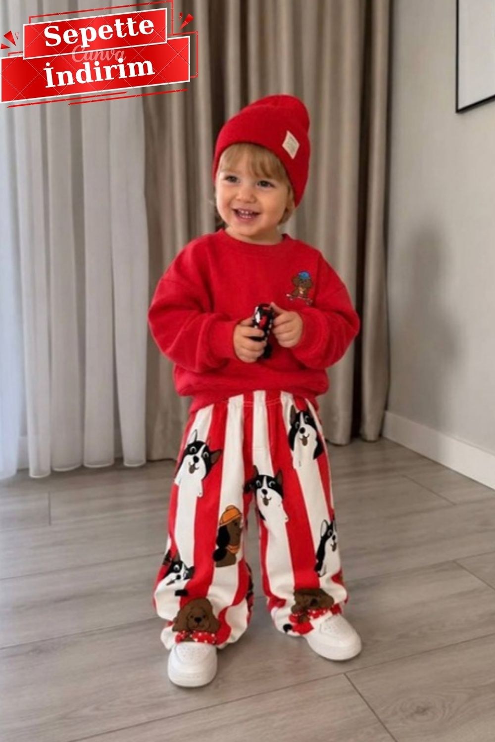 Unisex Gabardin Pantolonlu Kırmızı Köpekli Takım