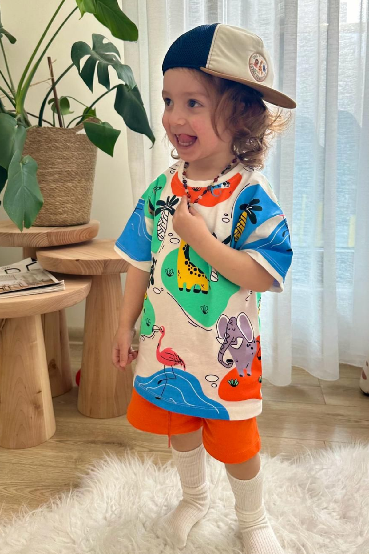 Unisex Hayvanlı Oranj Şortlu Takım