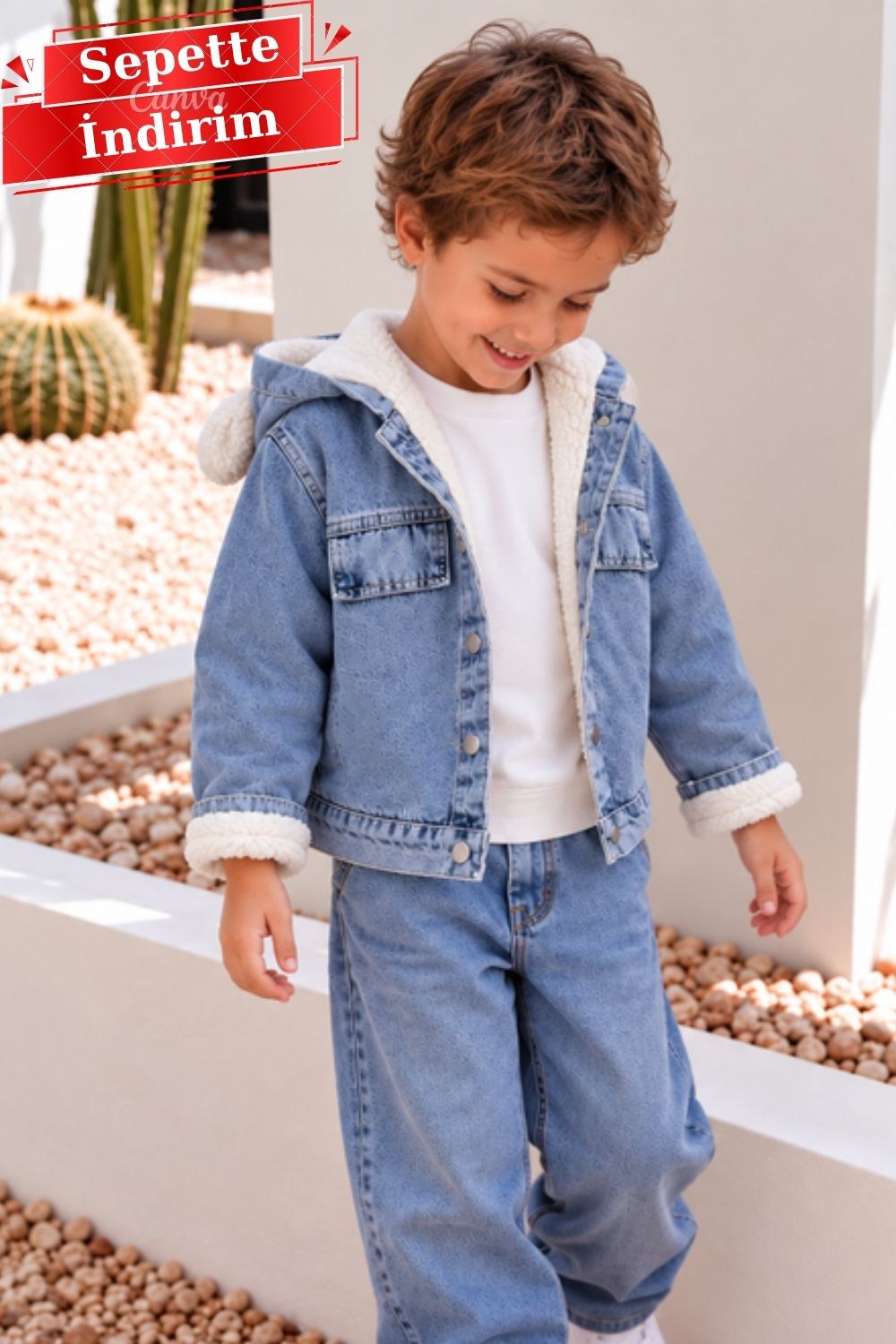Unisex İçi Peluşlu Mavi Kot Mont