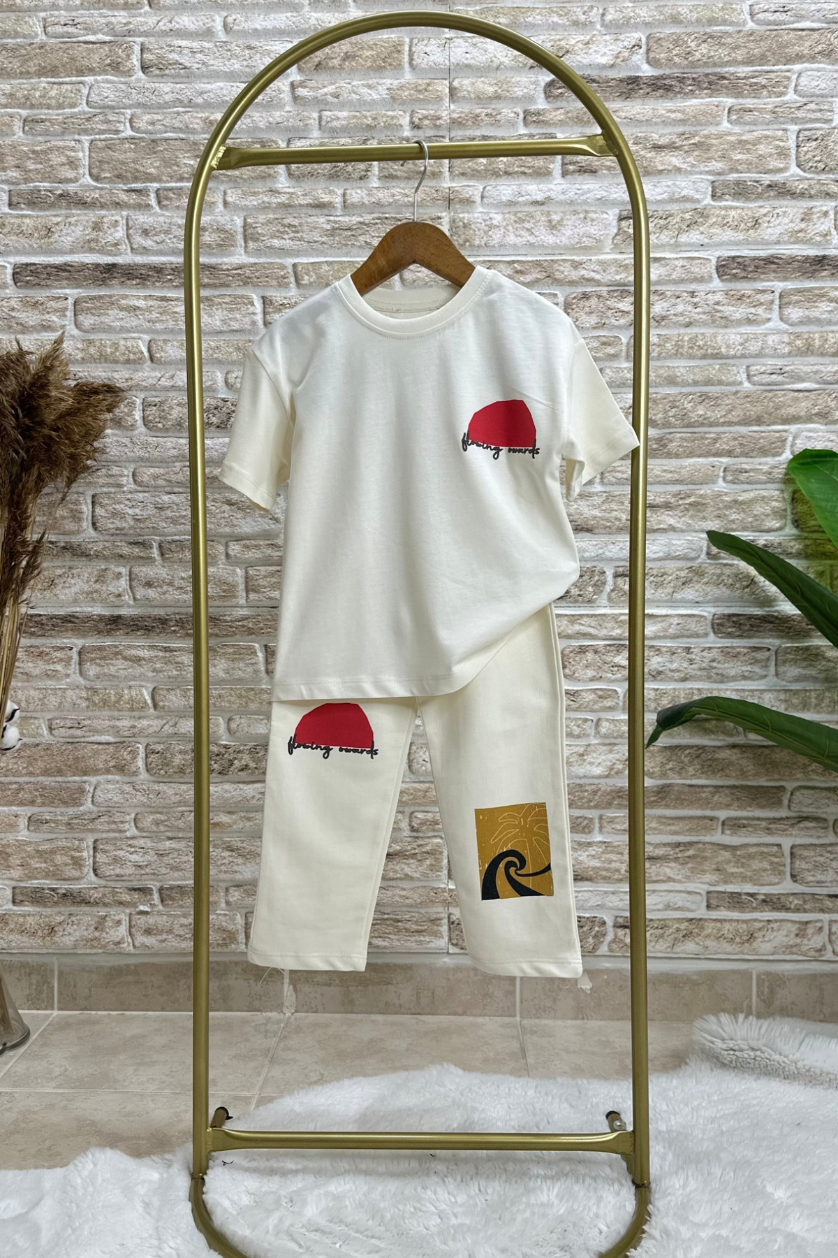 Unisex Kabartma Baskılı Bej Eşofman Takım